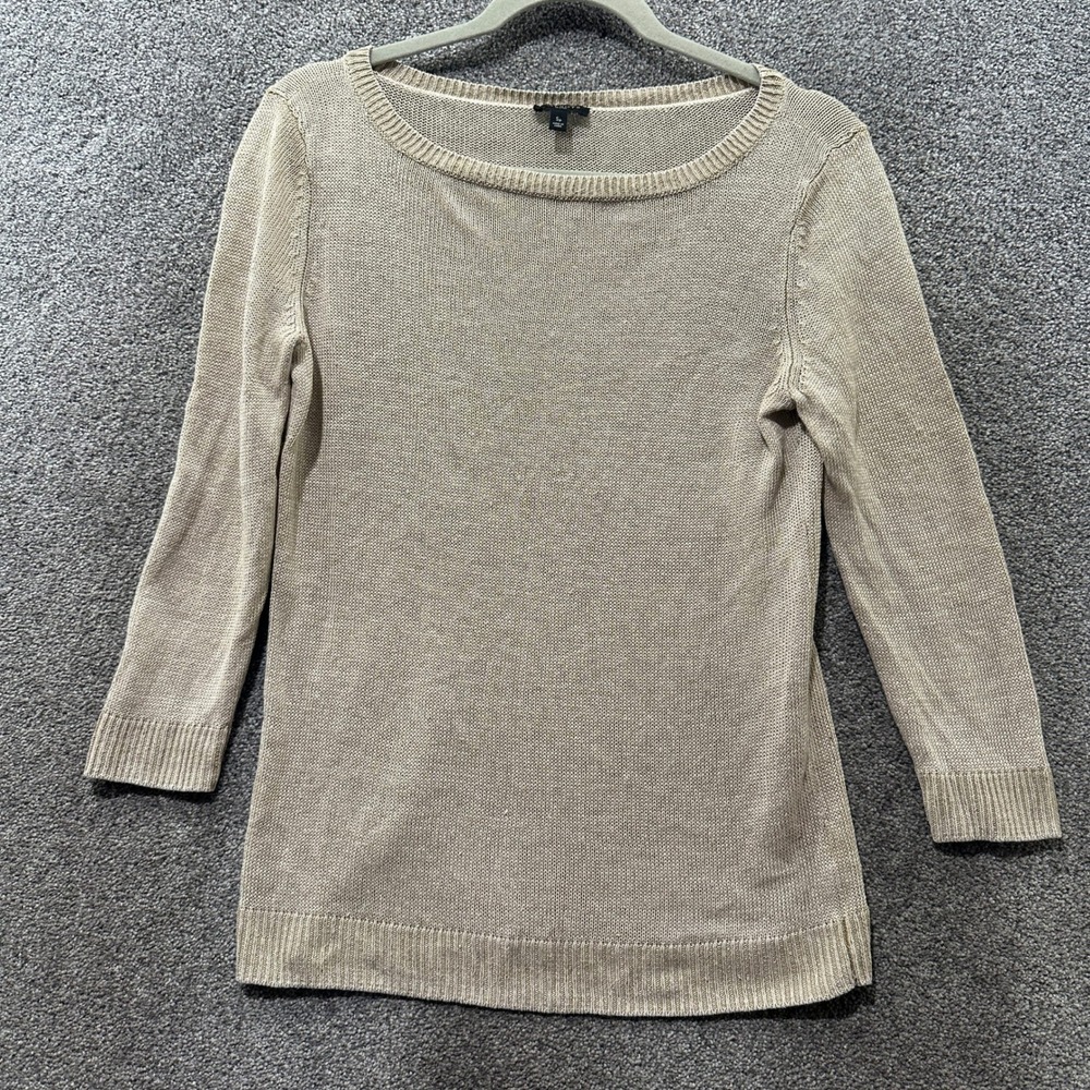 Talbots Pullover Sweater Small Petite Tan 100% Linen 3/4 Sleeve Boat Neck
